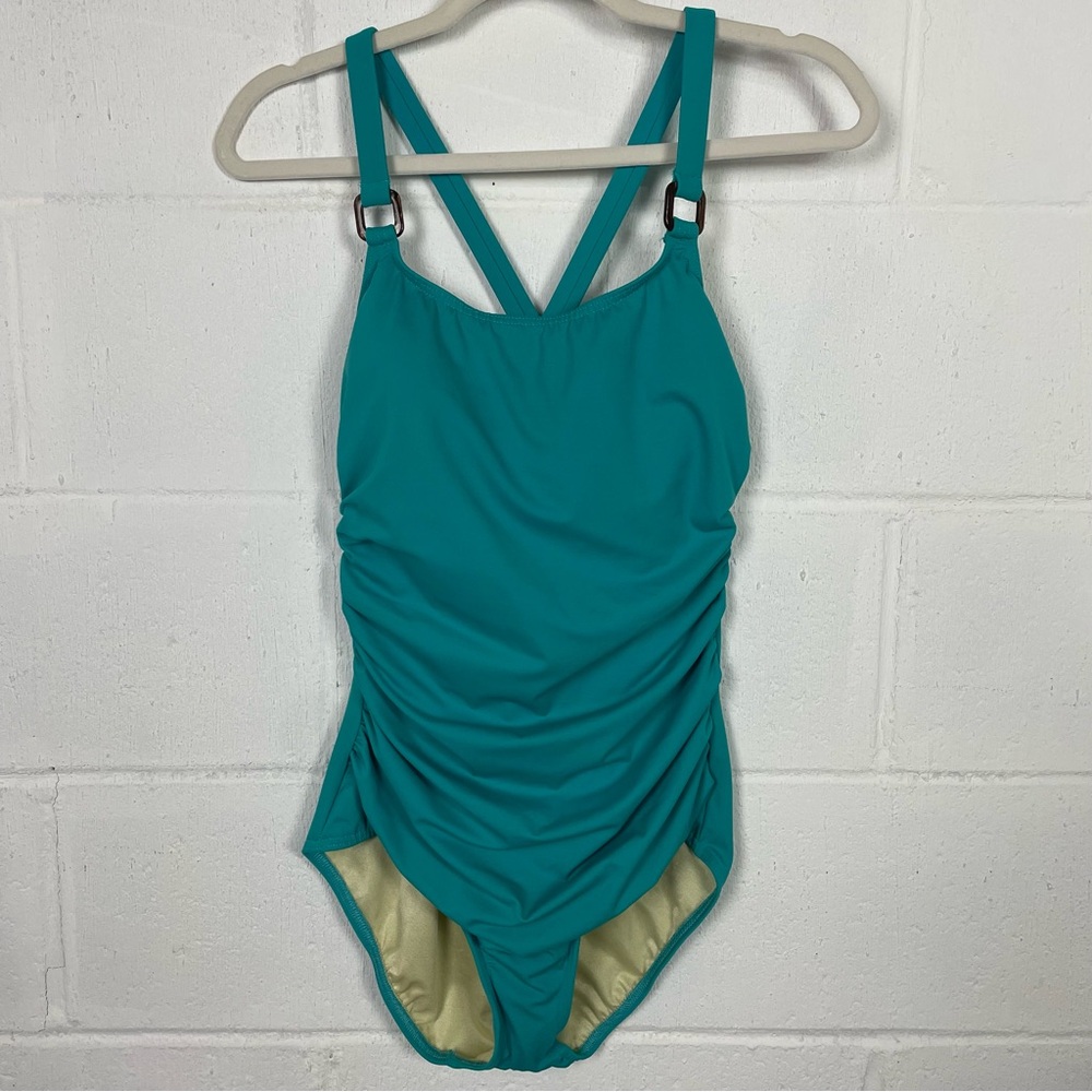 Lands' End 1 Piece Swimsuit Ruched Lined Cross Back Straps Teal Vacation Beach 8